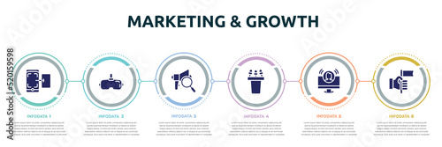 marketing & growth concept infographic design template. included screenshot, virtual reality glasses, expertise, press conference, teleconference, accomplishment icons and 6 option or steps.