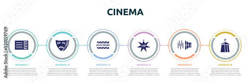 cinema concept infographic design template. included prompt box, tragedy, premiere, vip person, sound effect, dressing room icons and 6 option or steps.