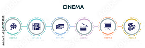 cinema concept infographic design template. included film roll side view, watching a video on a tablet, inc, movie clapper, fabric for movies, solid icons and 6 option or steps.