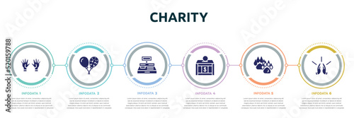 charity concept infographic design template. included voluntary service, ballons, cash box, donation box, dog pawprint, praying icons and 6 option or steps.