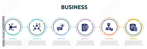business concept infographic design template. included digital key, decentralized, suggestion, enquiry, banker, estimate icons and 6 option or steps.