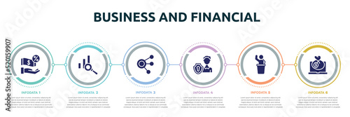business and financial concept infographic design template. included commission, data analysis, coworking, personal security, auctioneer, bank on icons and 6 option or steps.