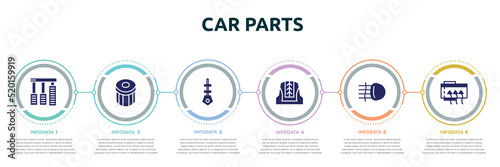 car parts concept infographic design template. included car accelerator, car oil filter, dipstick, cowl, fog lamp, demister icons and 6 option or steps.
