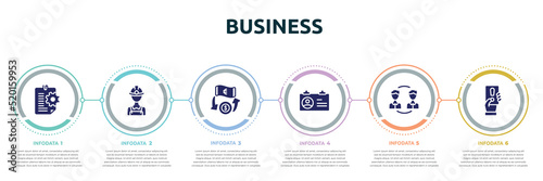 business concept infographic design template. included instruction, miner, money transfer, identification card, peer to peer, penalty icons and 6 option or steps.