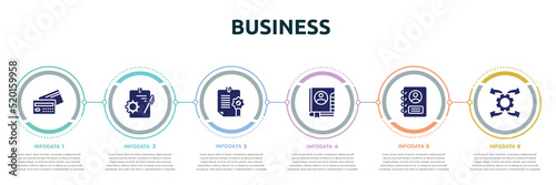 business concept infographic design template. included debit card, instructions, confirmation, address book, personal profile, possibility icons and 6 option or steps.