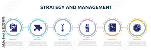 strategy and management concept infographic design template. included bitcoin mine, puzzle piece, wrenches, point of service, phonebook, calling icons and 6 option or steps.