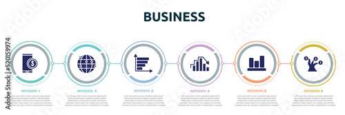 business concept infographic design template. included stock price, network, bar graph, peak, bar graphic, money tree icons and 6 option or steps.