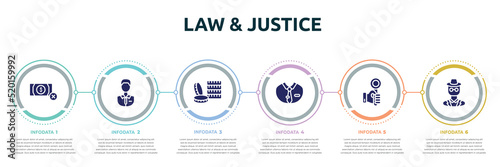 law & justice concept infographic design template. included no money, shop assistant, money stack, dress code, hand up, detective icons and 6 option or steps.