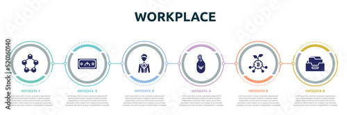 workplace concept infographic design template. included random, manat, clerk, euro tag, digital investment, filing cabinet icons and 6 option or steps.