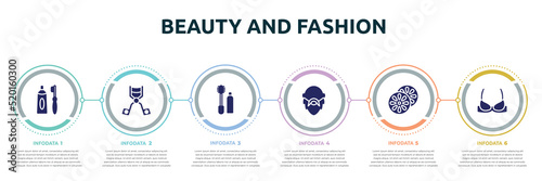 beauty and fashion concept infographic design template. included tooth paste and brush, eyelash curler, flanges mascara, bald, citrus, brassiere icons and 6 option or steps.