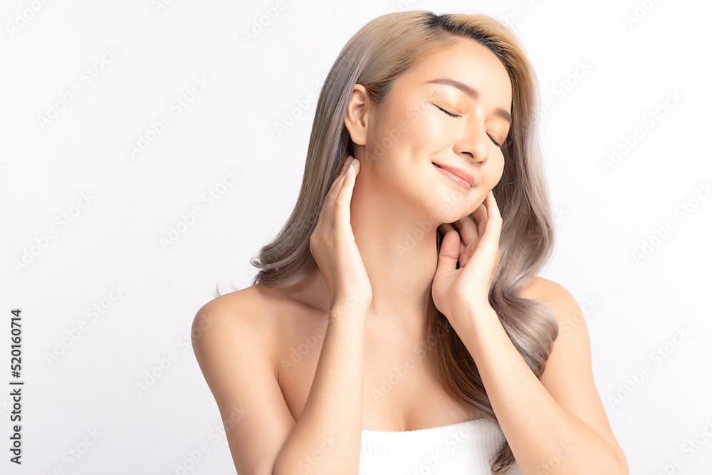 Happy beautiful young asian woman clean fresh bare skin concept. Asian girl beauty face skincare and health wellness, Facial treatment, Perfect skin, Natural make up. Isolated on white background. Happy beautiful young asian woman clean fresh bare skin concept. Asian girl beauty face skincare and health wellness, Facial treatment, Perfect skin, Natural make up. Isolated on white background.