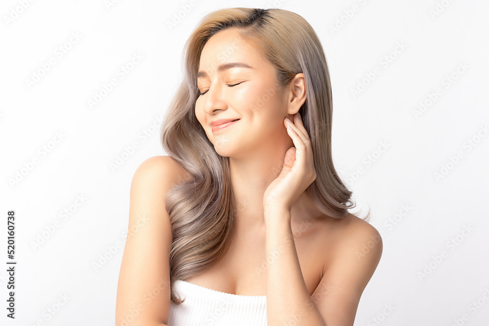 Happy beautiful young asian woman clean fresh bare skin concept. Asian girl beauty face skincare and health wellness, Facial treatment, Perfect skin, Natural make up. Isolated on white background. Happy beautiful young asian woman clean fresh bare skin concept. Asian girl beauty face skincare and health wellness, Facial treatment, Perfect skin, Natural make up. Isolated on white background.