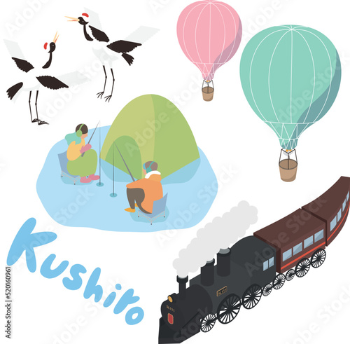 北海道の釧路観光のアイソメイラストのセット
