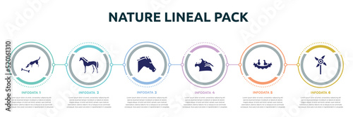 nature lineal pack concept infographic design template. included dog smelling a bone, horse standing, horse head, werewolf, birds in nest, pinwheel icons and 6 option or steps.