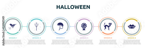 halloween concept infographic design template. included bird eating seeds, trident, jockey hat, horse races badge, black cat, fangs icons and 6 option or steps.