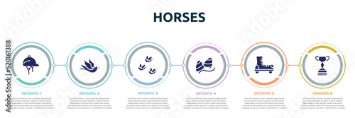 horses concept infographic design template. included hat for a jockey, black bird, birds group, gummy, roller skate, horses races trophy icons and 6 option or steps.