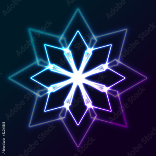 Blue purple neon geometric snowflake abstract glowing Christmas background. Vector winter design