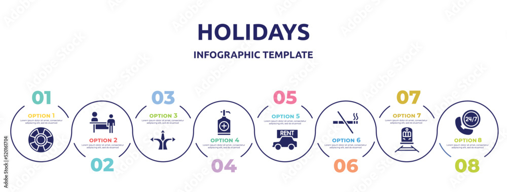 holidays concept infographic design template. included life bouy, persons in an airport, directions arrows, sanitizer, rent a car, smoking prohibition, streetcar, hotel phone icons and 8 option or holidays concept infographic design template. included life bouy, persons in an airport, directions arrows, sanitizer, rent a car, smoking prohibition, streetcar, hotel phone icons and 8 option or
