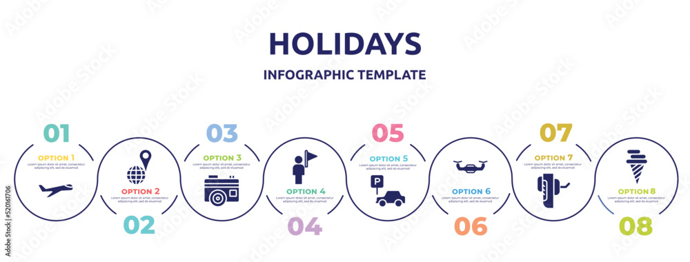 holidays concept infographic design template. included aviation, geolocated place, vintage digital photo camera, tourist guide, parking car, unmanned, breathalyzer, icecream cone icons and 8 option holidays concept infographic design template. included aviation, geolocated place, vintage digital photo camera, tourist guide, parking car, unmanned, breathalyzer, icecream cone icons and 8 option