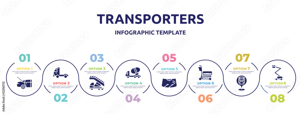 transporters concept infographic design template. included trunk open, pickup truck side view, airport truck, concrete mixer truck side view, windscreen, airport cart, checkpoint, aerial lift icons transporters concept infographic design template. included trunk open, pickup truck side view, airport truck, concrete mixer truck side view, windscreen, airport cart, checkpoint, aerial lift icons