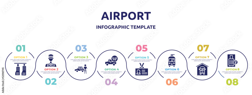 airport concept infographic design template. included car pedals, ticket collector, authorized dealer, shift, identity card, trolley bus, bus depot, luggage locker icons and 8 option or steps. airport concept infographic design template. included car pedals, ticket collector, authorized dealer, shift, identity card, trolley bus, bus depot, luggage locker icons and 8 option or steps.