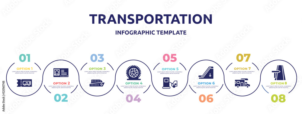 transportation concept infographic design template. included bus ticket, driving pass, ferry boat, flat tire, refilling, or down, rv, road trip icons and 8 option or steps.