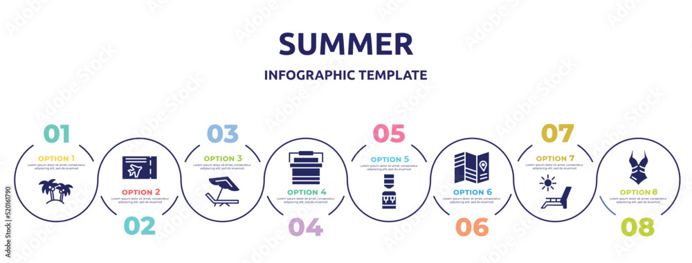 summer concept infographic design template. included island with palm trees, plane ticket, beach chair, portable fridge, dispenser, travel guide, deck chairs and sun, swimsuit icons and 8 option or summer concept infographic design template. included island with palm trees, plane ticket, beach chair, portable fridge, dispenser, travel guide, deck chairs and sun, swimsuit icons and 8 option or