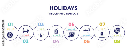 holidays concept infographic design template. included life bouy, persons in an airport, directions arrows, sanitizer, rent a car, smoking prohibition, streetcar, hotel phone icons and 8 option or