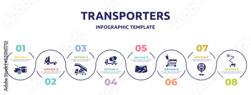 transporters concept infographic design template. included trunk open, pickup truck side view, airport truck, concrete mixer truck side view, windscreen, airport cart, checkpoint, aerial lift icons