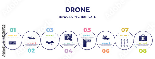 drone concept infographic design template. included license plate, motorboat, small plane, access control, broken, travel baggage, manual transmission, drone case icons and 8 option or steps.