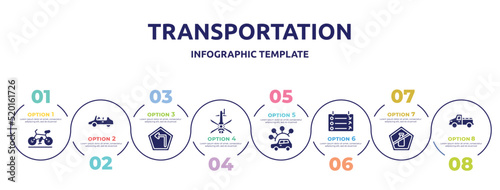 transportation concept infographic design template. included road bike, , left turn, helicopter black shape top view, carsharing, departure, no liquid, pickup car icons and 8 option or steps.