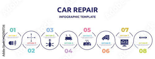 car repair concept infographic design template. included fog lamp, cross wrench, helicopter bottom view, tramway, trolleybus, mini truck, computer test, damper icons and 8 option or steps.