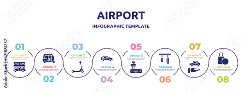 airport concept infographic design template. included double decker, tuc tuc, kick, station wagon, air traffic controller, brake pedal, rental car, final call icons and 8 option or steps.