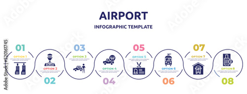 airport concept infographic design template. included car pedals, ticket collector, authorized dealer, shift, identity card, trolley bus, bus depot, luggage locker icons and 8 option or steps.