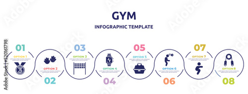 gym concept infographic design template. included third place, hand, volleyball net, pulsometer, tackle box, head hitting, squats, handgrip icons and 8 option or steps.