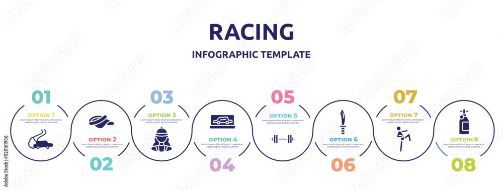 racing concept infographic design template. included drifting, visor, horsewoman, backup car, barbell, dive knife, ritual, icons and 8 option or steps. racing concept infographic design template. included drifting, visor, horsewoman, backup car, barbell, dive knife, ritual, icons and 8 option or steps.