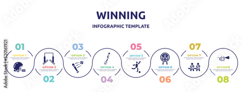 winning concept infographic design template. included rugby helmet, horizontal bars, battered ball, flyboard, soccer game, zorbing, home team, ets icons and 8 option or steps.