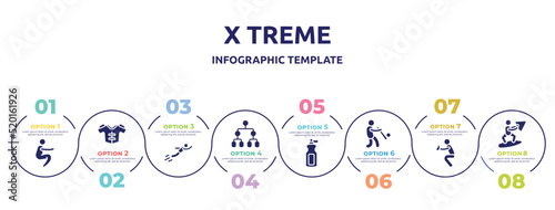 x treme concept infographic design template. included squat, protections, free flying, playoff, sport bottle, batter, catcher, wakeboarding icons and 8 option or steps.