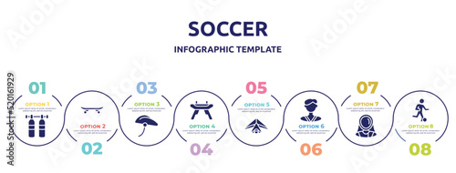soccer concept infographic design template. included gas cilinder, longboard, bike helmet, pommel horse, hang gliding, karateka, fencer, football players icons and 8 option or steps.