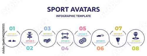 sport avatars concept infographic design template. included punching, paddock, hockey puck, bench press, pit, chase, lift bag, polo player icons and 8 option or steps.