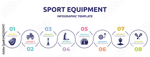 sport equipment concept infographic design template. included baseball ball, off road, chesspiece, boxing shoe, mph, tire pressure, sumotori, lacrosse icons and 8 option or steps.