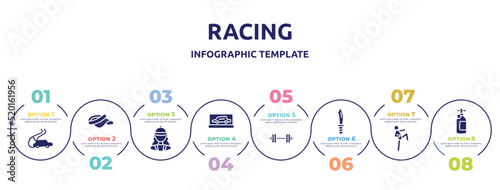 racing concept infographic design template. included drifting, visor, horsewoman, backup car, barbell, dive knife, ritual, icons and 8 option or steps.