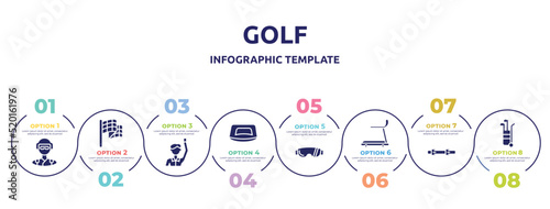 golf concept infographic design template. included skydiver, victory lap, committee, push up, sport sunglasses, cardio, diving belt, golf caddy icons and 8 option or steps.