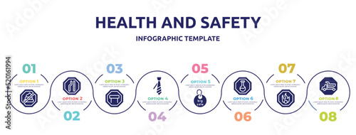 health and safety concept infographic design template. included no pooping, lane, tall, necktie, clearance, substance, oxidant, heavy hinery icons and 8 option or steps.