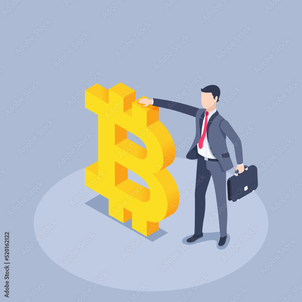 isometric vector illustration on a gray background, a man in a business suit with a briefcase stands next to the bitcoin icon, crypto currency and finance isometric vector illustration on a gray background, a man in a business suit with a briefcase stands next to the bitcoin icon, crypto currency and finance