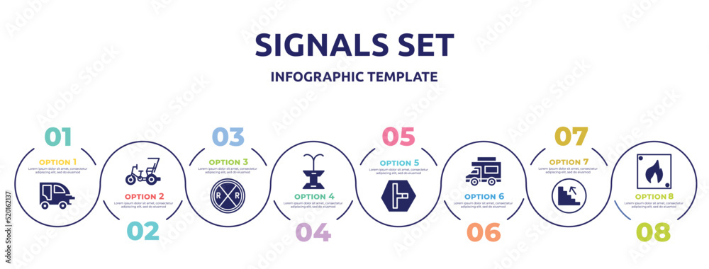 signals set concept infographic design template. included autorickshaw, cycle rickshaw, railroad crossing, public fountain, t junction, jitney, upstairs, fire triangular icons and 8 option or steps.