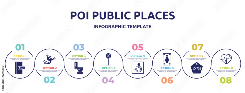 poi public places concept infographic design template. included emergency door, slippery, toilet side view, no stopping, handicapped, women toilet, keep in lane, electrocardiogram inside heart icons