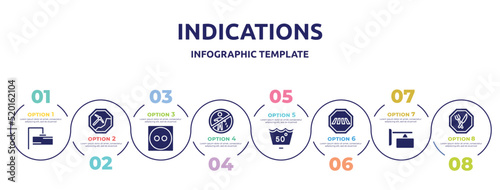 indications concept infographic design template. included rectangular, mining work zone, dry medium heat, no littering, 50 degrees medium agitation, crossing road caution, store board, restaurant