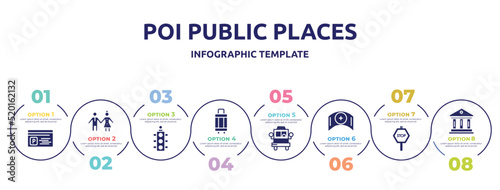 poi public places concept infographic design template. included parking card, girl and boy, semaphore light, hand luggage, bus front with driver, nursing, stop hexagonal, museum icons and 8 option