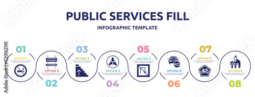 public services fill concept infographic design template. included forbidden smoking, rectangle and arrow, ascending stairs, converging, no turn, locked car, ecological bicycle transport, baby